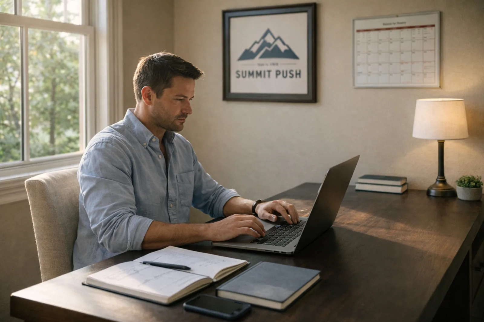 A quiet, private workspace in sober living where a resident uses a laptop, notebook, and calendar to rebuild professional routine.